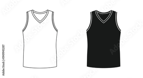 A minimalist depiction of two sleeveless basketball jerseys one white and one black presented as a design template