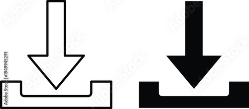 Two download one outlined one solid black on white background download symbol download arrow
