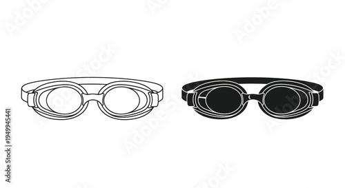 A minimalist black and white illustration depicts two distinct styles of swimming goggles showcasing their design details high quality professional detailed
