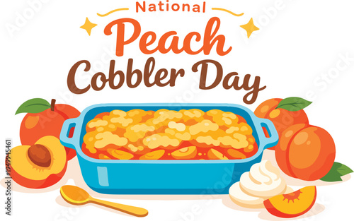 Peach cobbler dessert in baking dish.