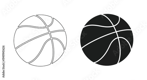 A simple black and white illustration depicts two basketballs one light and one dark showcasing contrasting tones and circular forms