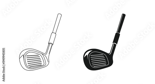 A detailed illustration showcases two golf clubs one outlined in white and the other filled with black against a plain background
