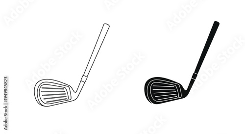 A simple black and white illustration depicts two golf clubs one outlined and one filled positioned side by side high quality professional detailed