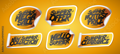 Summer mega sale, offer, hottest price, clearance, new summer collection, hello summer - vector discounts stickers set