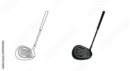 A minimalist illustration depicts two golf clubs one in a line drawing style and the other fully shaded in black