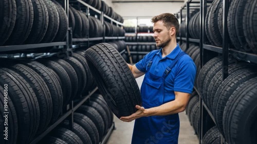 Male tire changer In the process of checking the condition of new tires in stock so that they can be replaced at a service center or auto repair shop.

