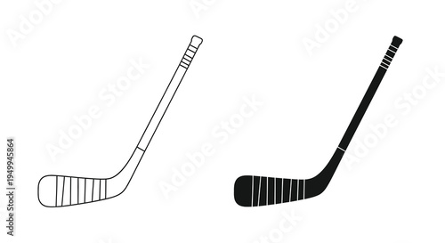 A simple illustration depicts two hockey sticks in contrasting black and white showcasing their curved blades and slender shafts
