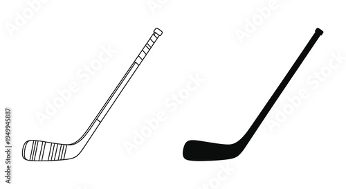 A black and white illustration depicts two hockey sticks one with detailed linework and the other solid black
