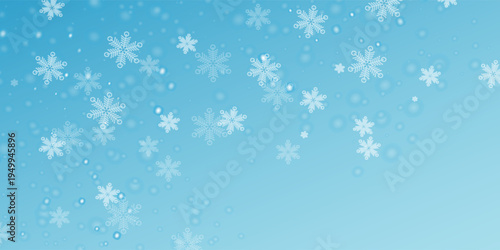 Chaotic flying snow flakes backdrop. Winter dust freeze shapes. Snowfall sky white teal blue background. Fuzzy snowflakes february texture. Snow nature landscape.