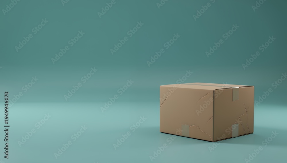 Obraz premium A Brown Cardboard Box with Tape Sits Isolated on a Solid Teal Background