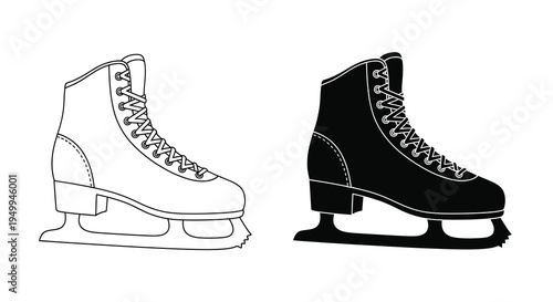 A contrasting pair of ice skates is depicted in black and white showcasing a side view of winter sports equipment