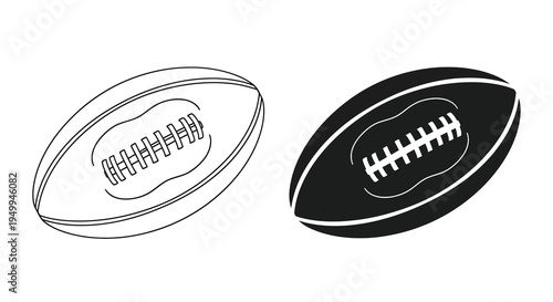 A simple black and white illustration displays two American footballs one outlined and the other fully shaded high quality professional detailed