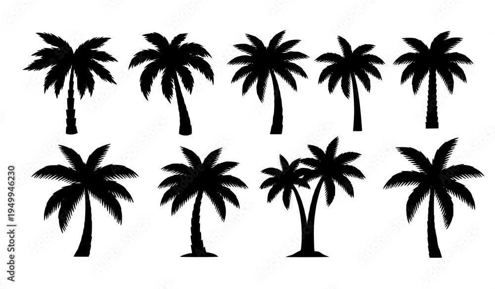 Naklejka premium Black Palm Tree Silhouette Vector Set Tropical Island Tree Icons Isolated on White Background