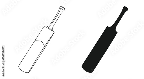 A minimalist depiction showcases two cricket bats one outlined and the other a solid black silhouette against a white background