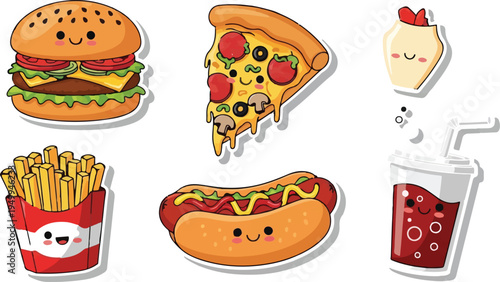 Cute Cartoon Fast Food Sticker Set Isolated Vector Illustration isolated PNG with Transparent Background