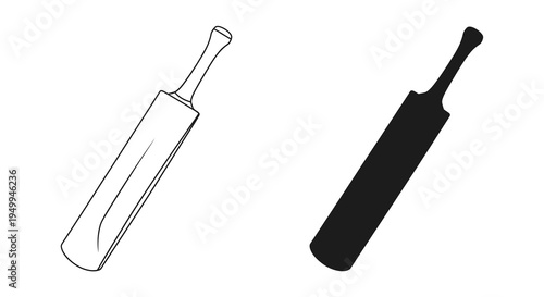 A black and white illustration depicts two cricket bats in contrasting styles one outlined and the other silhouetted