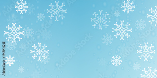 Cute falling snow flakes backdrop. Wintertime fleck ice shapes. Snowfall weather white teal blue illustration. Flat snowflakes february vector. Snow hurricane scenery.