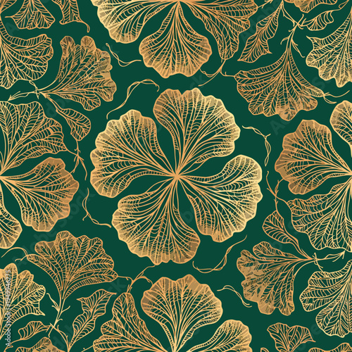 Golden floral pattern on a teal background