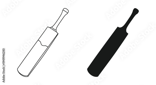 A simple black and white illustration depicting two cricket bats one outlined and one filled against a white background