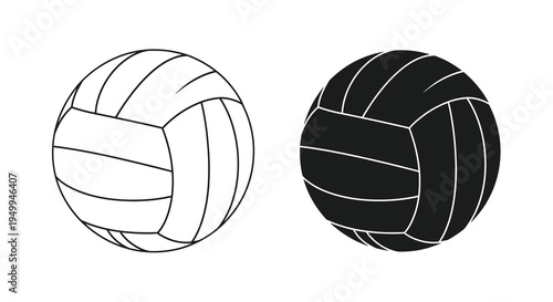 A simple black and white illustration depicts two volleyballs showcasing contrasting tonal values and spherical forms high quality professional