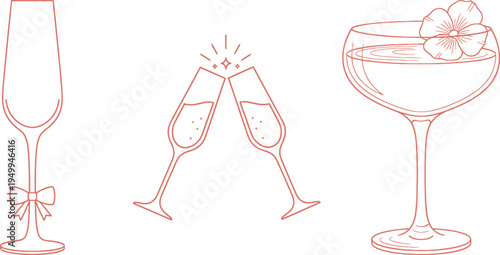 Champagne Cocktail Drink Line Icon Set
