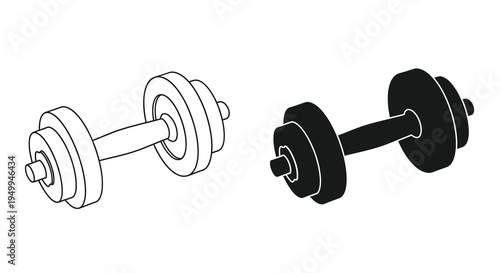 A black and white illustration depicts two dumbbells one outlined and the other solid showcasing a fitness and exercise concept