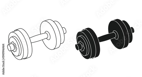 A minimalist depiction showcases two dumbbells one in white and the other in black angled for a dynamic fitness representation