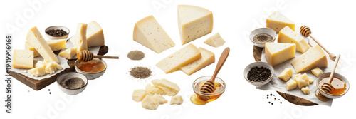Set of parmesan cheese wedges with honey dipper and black peppercorns isolated on transparent png background oil paint
