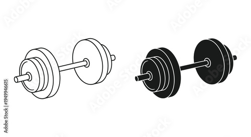 A graphic illustration depicts two barbell weights one in light gray and another in solid black showcasing a contrasting design