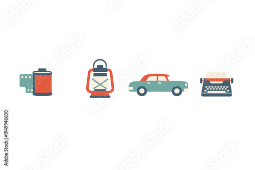 A collection of four vintage-style flat icons featuring a 35mm film