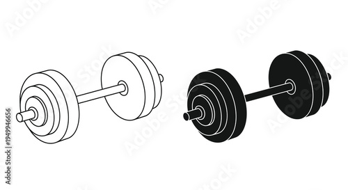 A minimalist depiction showcases two barbell weights one in light grey and the other in solid black against a white background