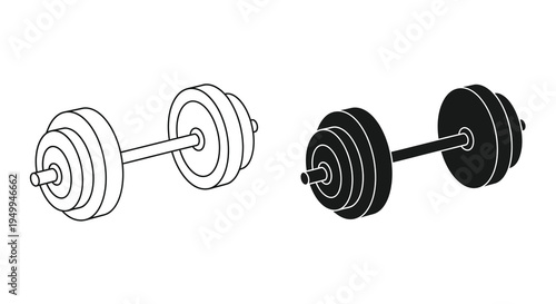 A black and white illustration depicting two barbell weights one outlined and one solid showcasing a fitness equipment design