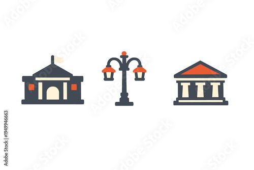 A set of three flat vector icons featuring a government building with