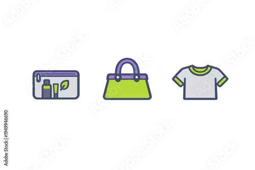 A set of three flat vector icons featuring a toiletry bag with