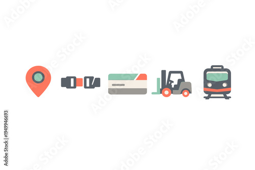 A collection of five flat vector icons representing transportation