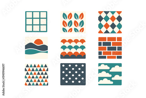 A collection of nine decorative square tiles featuring various