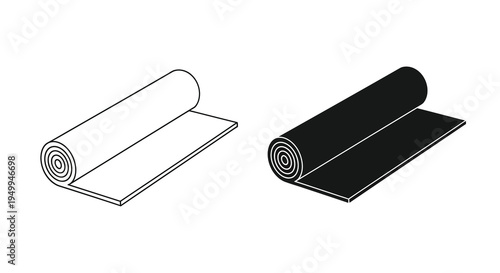 A minimalist black and white illustration displays two rolled carpets one light and one dark laying flat high quality professional detailed