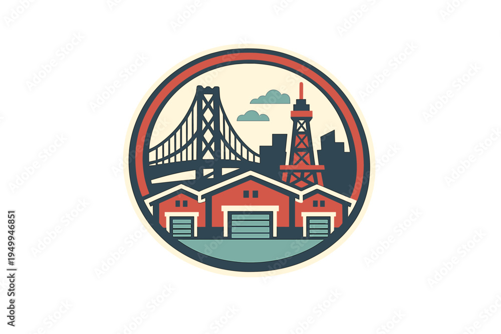 Naklejka premium A flat design vector illustration depicts a circular city badge with