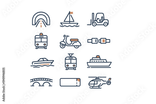 A collection of twelve transportation and logistics icons in a flat