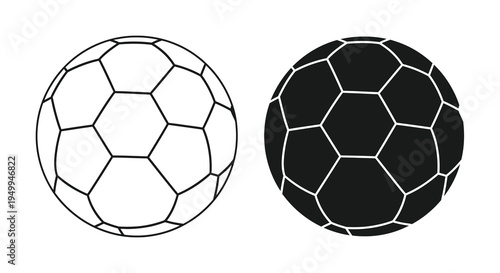 A minimalist depiction showcases two soccer balls one white with black lines and the other black with white lines