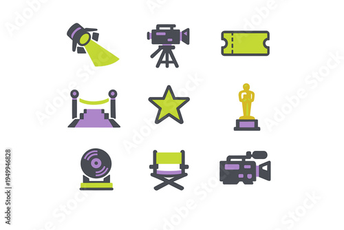 A set of nine cinema and film industry icons in a flat design style