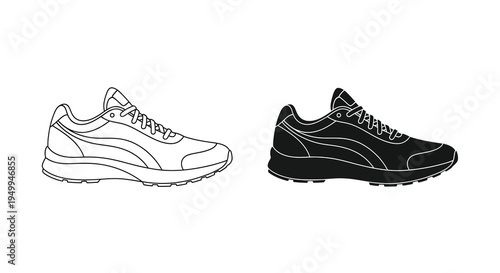 A black and white illustration depicts a pair of running shoes in contrasting light and dark tones showcasing their design