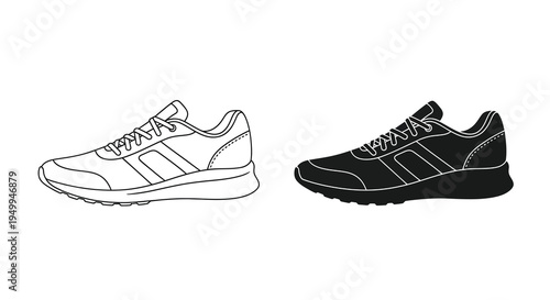 A pair of running shoes are presented in a black and white outline showcasing both a filled and line art version