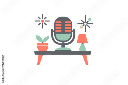 A flat vector illustration of a vintage microphone on a table with a