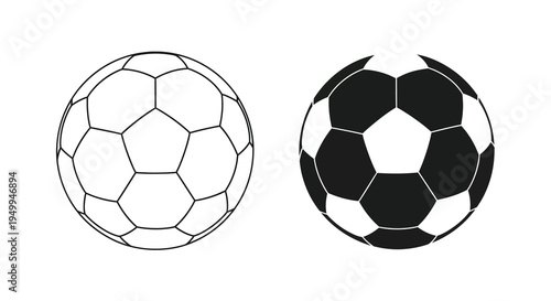 Two monochrome soccer balls are displayed side by side one with traditional panels and the other partially deconstructed high quality professional