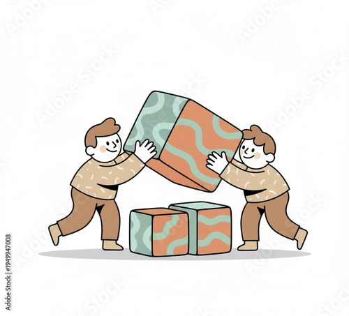 Teamwork and collaboration illustrated by people stacking boxes, symbolizing shared effort and project completion
