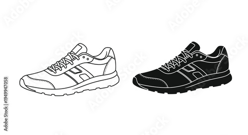 A black and white illustration depicts a running shoe from two different perspectives showcasing its design and form high quality professional