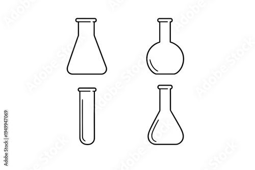 A collection of four minimalist laboratory glassware icons featuring