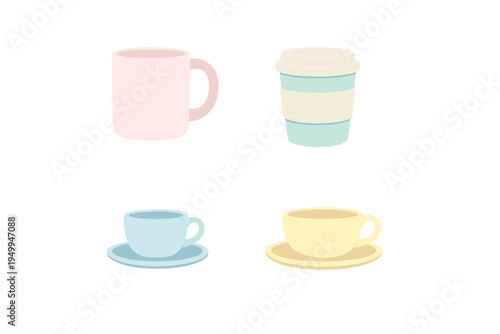 A set of four beverage container icons in pastel colors including a