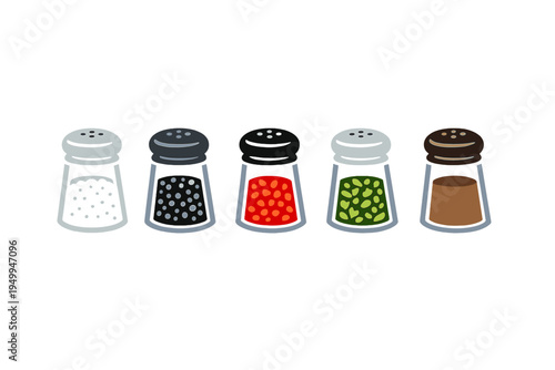 A set of five spice shakers containing salt, pepper, chili flakes